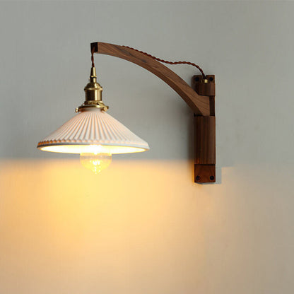 Applique murale articulée en bois avec abat-jour en verre nervuré – Lampe de lecture réglable pour chambre, couloir et salon au style moderne et Japandi