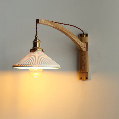 Swing-Arm Sconce with Ribbed Glass Shade 8.3 Inch Light Wood Walnut Brass Accent Fixture for Bedroom Hallway Entryway Reading Adjustable Mou