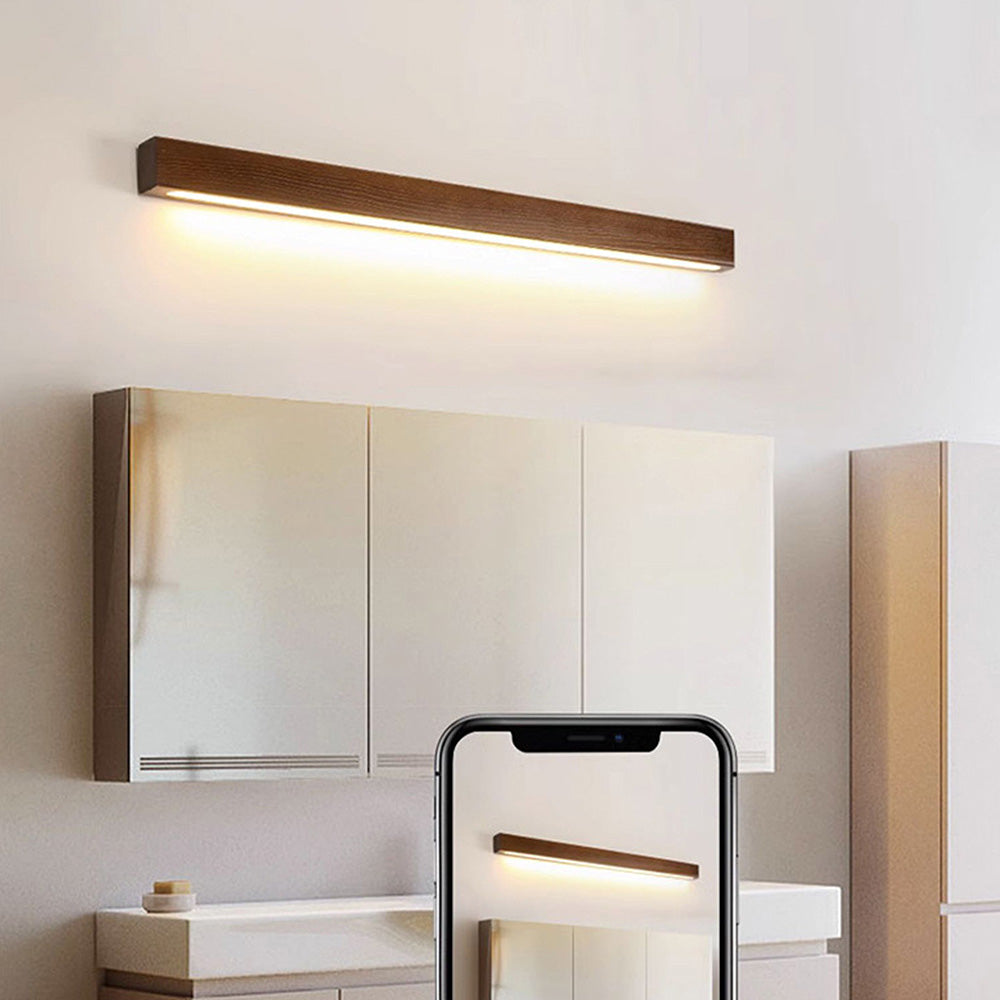 Applique murale LED linéaire en bois, lampe de miroir de courtoisie réglable à 3 températures de couleur pour salle de bain, chambre et couloir, style minimaliste nordique moderne