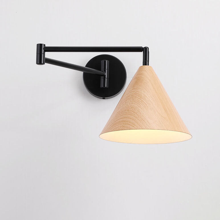 Swing Arm Wall Sconce with Conical Shade for Bedside Reading, Adjustable Iron Fixture in Walnut Finish, E26 Base, Bedroom Task Light
