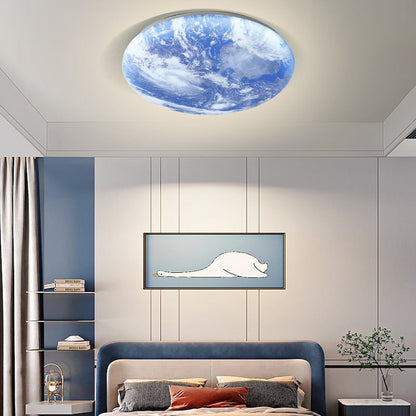 Round Flush Mount LED Ceiling Light with Lunar Surface Design Wood & Acrylic 19 in Diameter for Bedrooms Living Rooms Hallways Modern Ambien