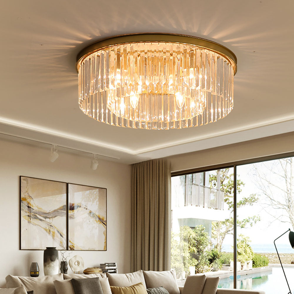 Flush Mount Crystal Chandelier 16 Inch Gold Round Overhead Light for Entryway Bedroom Dining Room 4-Bulb Semi-Flush Fixture Metallic Frame