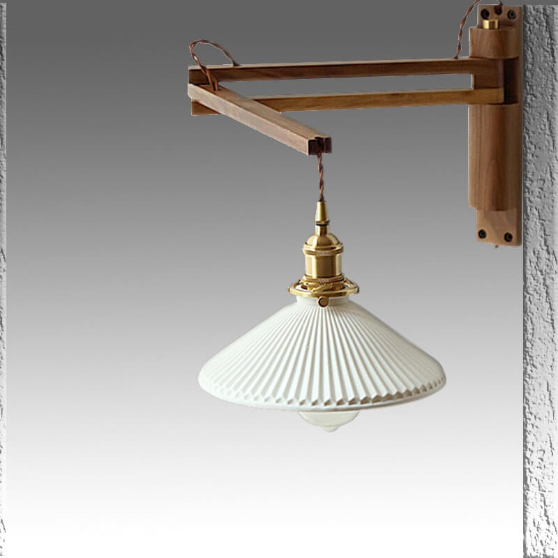 Extending Wall Sconce with Ribbed Glass Shade and Wood Arm for Bedroom, Living Room & Hallway Reading Light