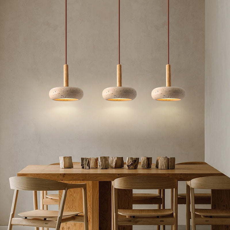 Japanese-Inspired Pendant Light with Yellow Travertine Shade & Wood Accent – Integrated LED Ceiling Fixture for Living Room, Bedroom