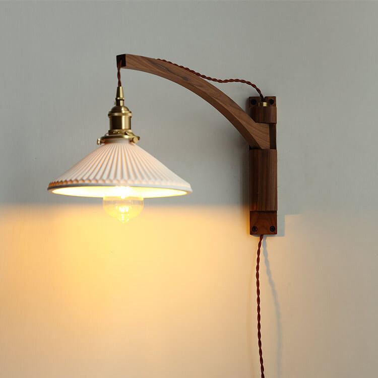 Swing-Arm Sconce with Ribbed Glass Shade 8.3 Inch Light Wood Walnut Brass Accent Fixture for Bedroom Hallway Entryway Reading Adjustable Mou
