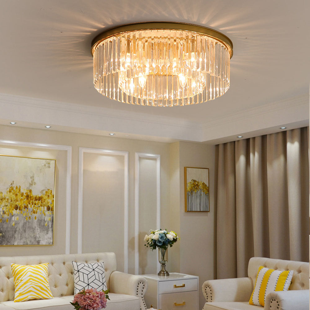 Flush Mount Fixture with Sparkling Accents 16 Inch Brushed Brass Metal Frame Crystal Drops for Entryway Dining Room Bedroom Den Four Bulb So