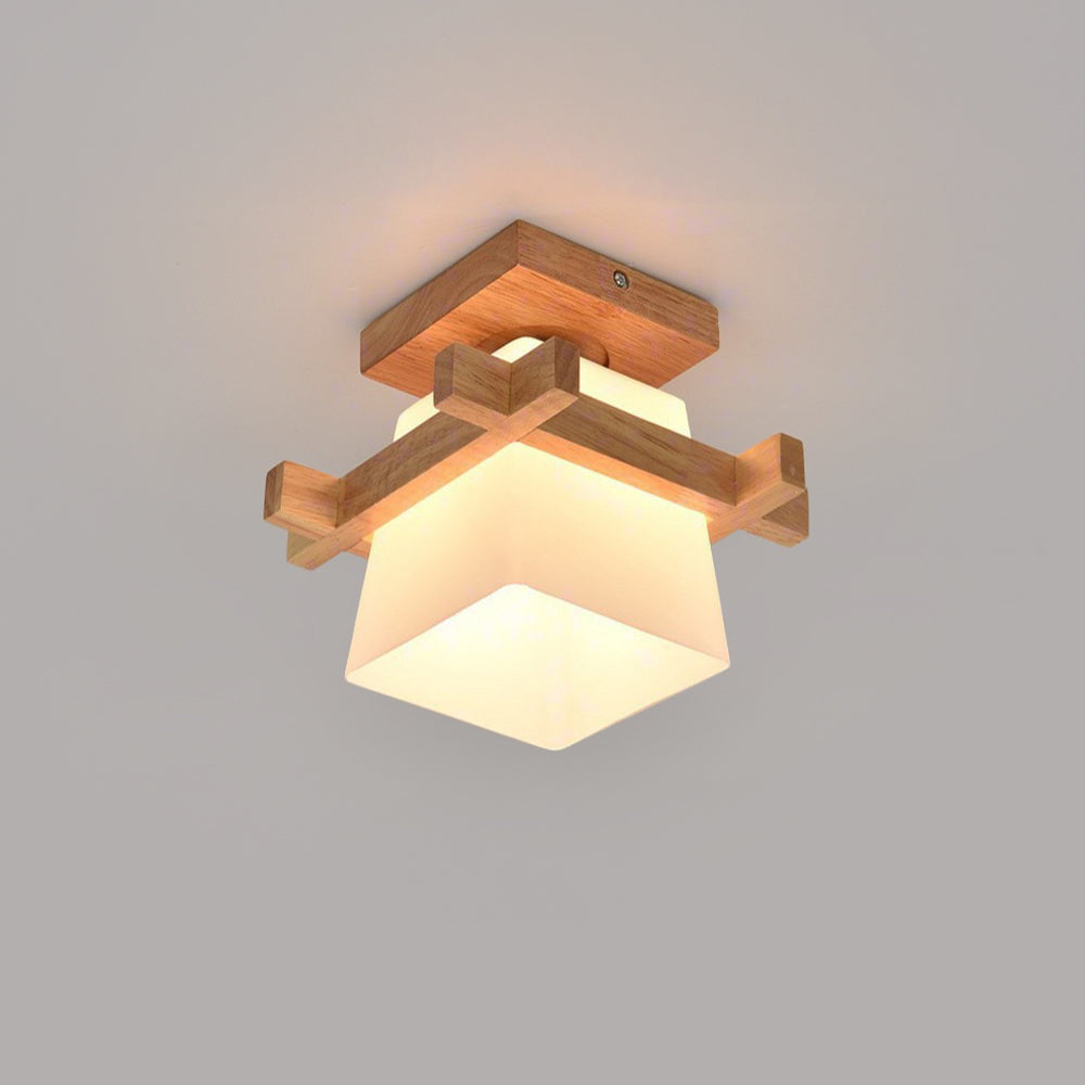 Square Flush Mount Ceiling Light Fixture with Wood Accent, White Shade, E27 Socket for Bedroom, Hallway, Living Room, Minimalist Home Lighti