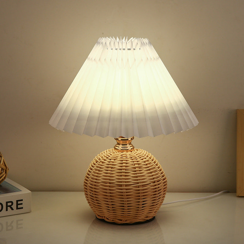 Nordic Rattan Table Lamp with Fabric Shade, USB Powered & Infinitely Dimmable LED Light for Bedroom, Living Room, Study