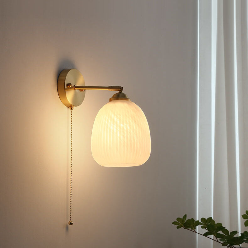 Pull Chain Wall Sconce with Striped Glass Shade – Single-Bulb Hardwired Fixture for Bedroom, Living Room, Hallway