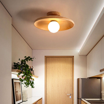 Wooden Globe LED Flush Mount Light 6 in Height Warm Glow for Bedroom Hallway Low Ceiling Compact Modern Nordic Style Natural Timber Finish A