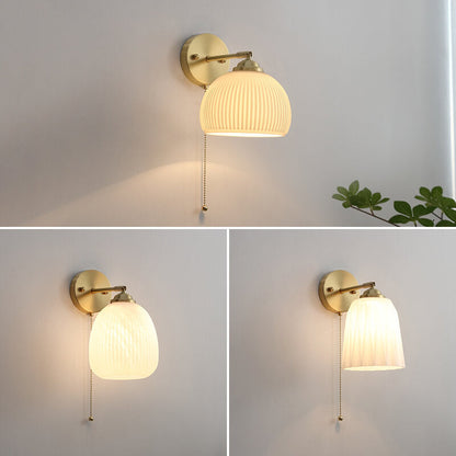 Pull Chain Wall Sconce with Striped Glass Shade – Single-Bulb Hardwired Fixture for Bedroom, Living Room, Hallway