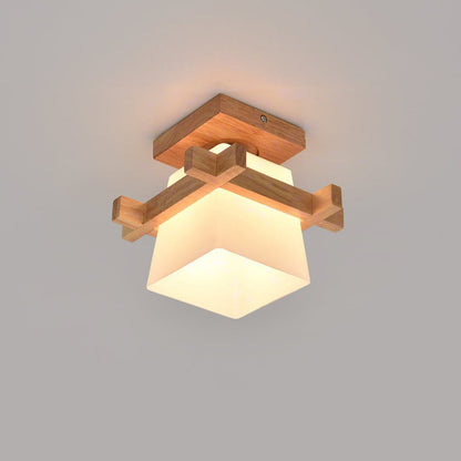 Square Flush Mount Overhead Light Fixture E27 Socket 7.9 Inch White Wood Accent for Bedroom Hallway Living Room Minimalist Scandinavian Mode