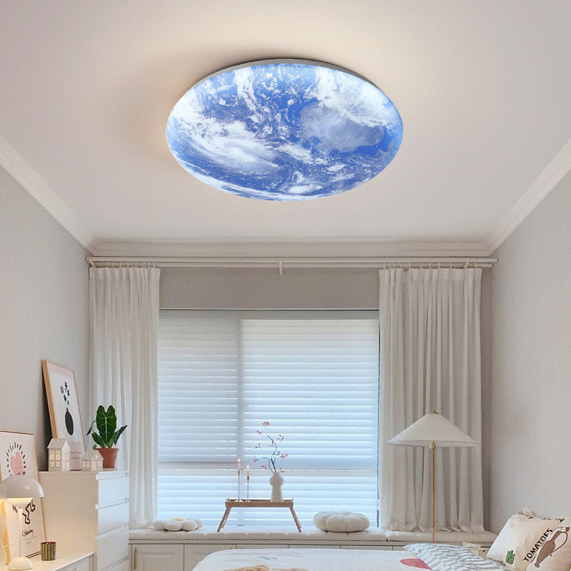 Round Flush Mount LED Ceiling Light with Lunar Surface Design Wood & Acrylic 19 in Diameter for Bedrooms Living Rooms Hallways Modern Ambien