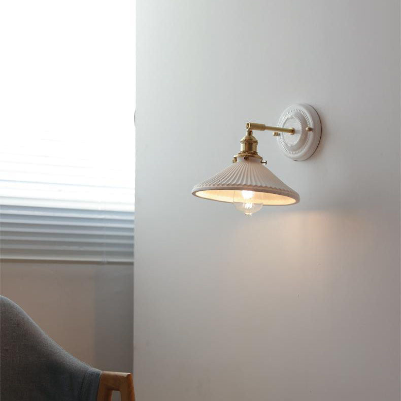 Pleated Shade Wall Sconce Lamp with Brass Arm for Bedroom Living Room & Study | Retro Japanese Style Ceramic Fixture