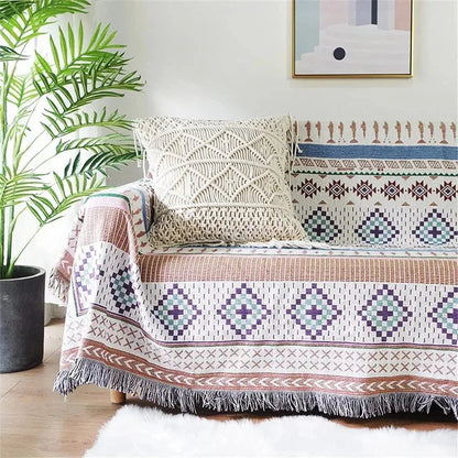 Jacquard Woven Accent Blanket with Fringe for Couch Bed Chair 51x63 in 63x87 in Multicolor Cotton Poly Blend Bohemian Home Decor