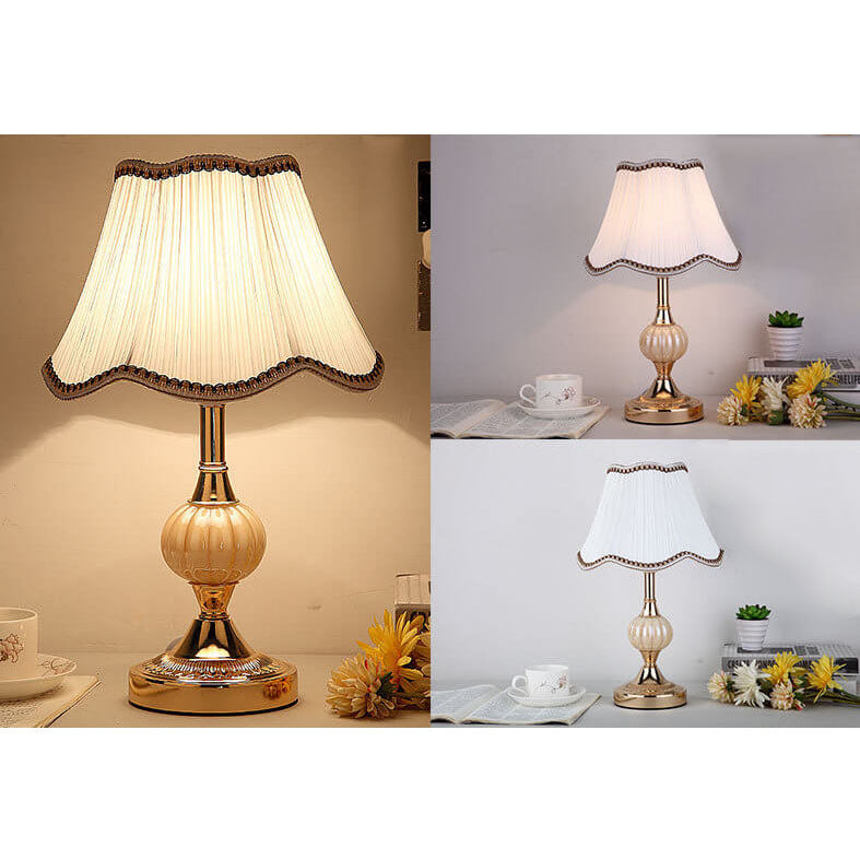 Desk Lamp with Fabric Shade & Metal Base 16.5 Inches High for Bedroom Nightstand Reading Study Room Office Workspace E26 Socket Gold White A