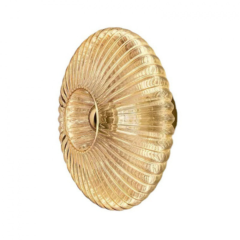 Ribbed Glass Disc Wall Light with Metal Mount | Scandi Minimalist Accent Lamp for Bedroom, Entryway & Hallway | Hardwired E26 Socket