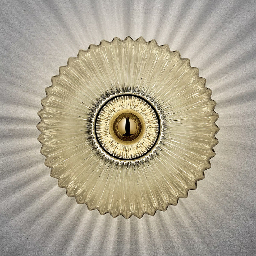 Ribbed Glass Disc Wall Light with Metal Mount | Scandi Minimalist Accent Lamp for Bedroom, Entryway & Hallway | Hardwired E26 Socket