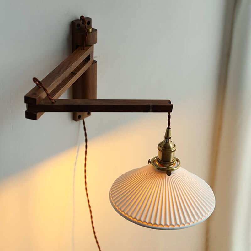 Extending Wall Sconce with Ribbed Glass Shade and Wood Arm for Bedroom, Living Room & Hallway Reading Light