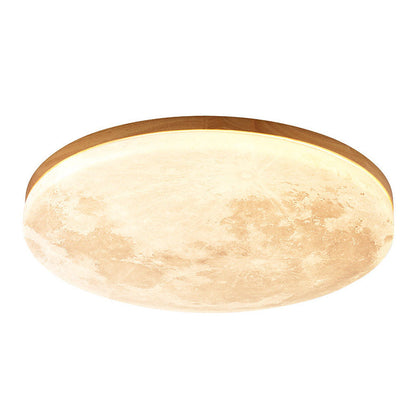 Round Flush Mount LED Fixture Moon Surface Wood & Acrylic 19 in Diameter Low Profile for Bedroom Living Room Hallway Ambient Lighting Japand
