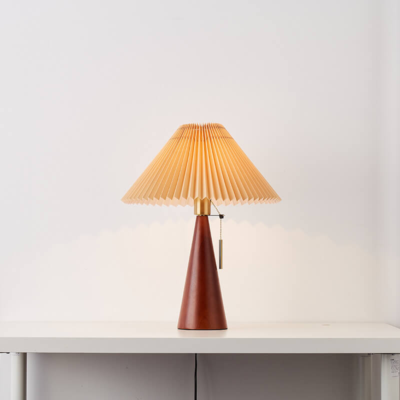 Wooden Bedside Lamp with Pleated Shade 14 in Dimmable Fabric Accent Light for Bedroom Living Room Reading Nook Japandi Scandinavian Decor