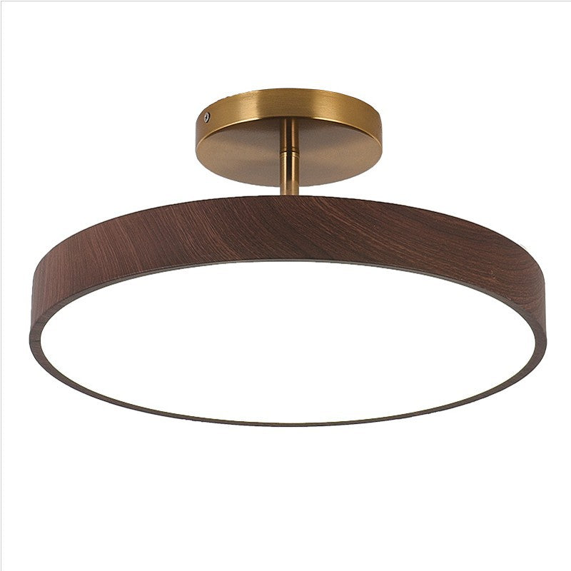 Round Iron Ceiling Light with Wood Grain Finish - Integrated LED Semi-Flush for Bedroom, Living Room & Hallway