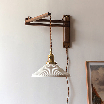 Swing Arm Ceramic Wall Sconce with Wood Bracket and Knob Switch for Bedroom Hallway Reading Nook Vintage Plug-In Lighting