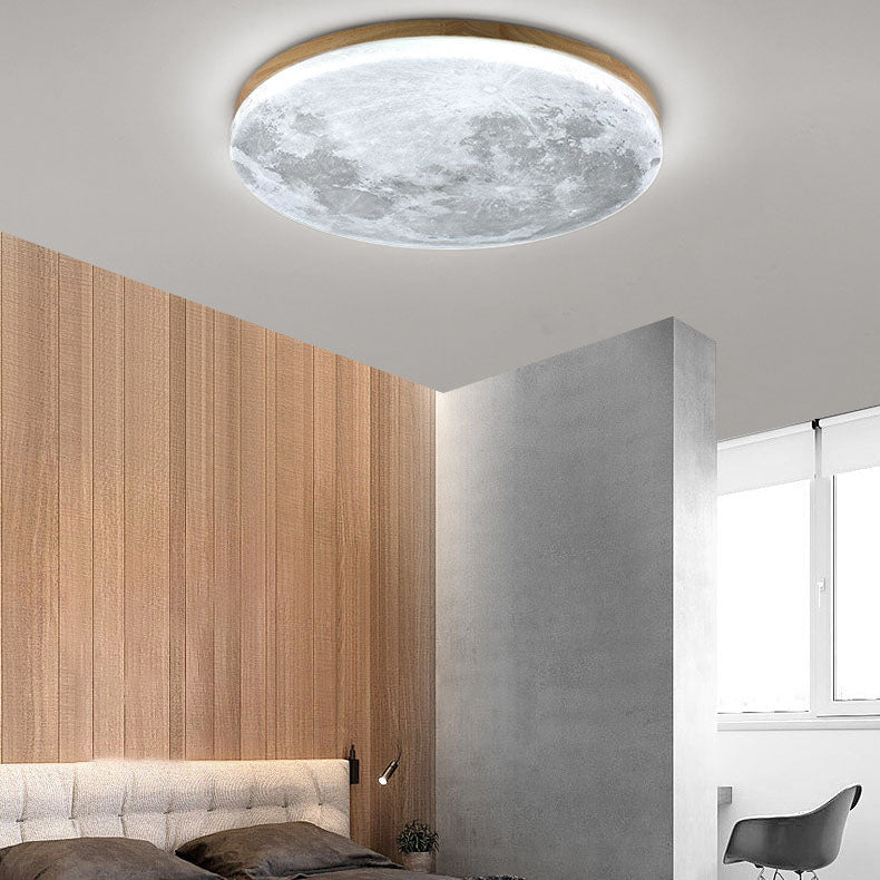 Circular LED Flush Mount Ceiling Light Wood Trim Acrylic Diffuser Hardwired Low Profile for Bedroom Hallway Kitchen Dining Room Entryway