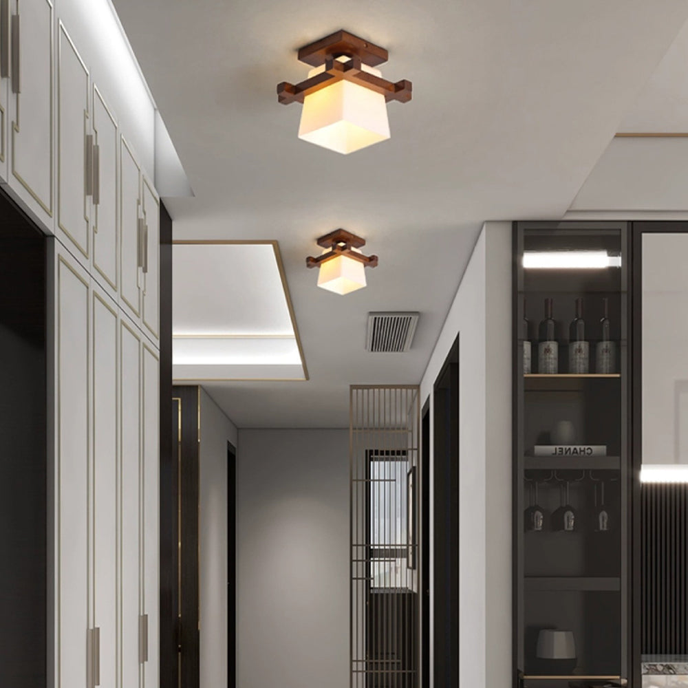 Square Flush Mount Ceiling Light Fixture with Wood Accent, White Shade, E27 Socket for Bedroom, Hallway, Living Room, Minimalist Home Lighti