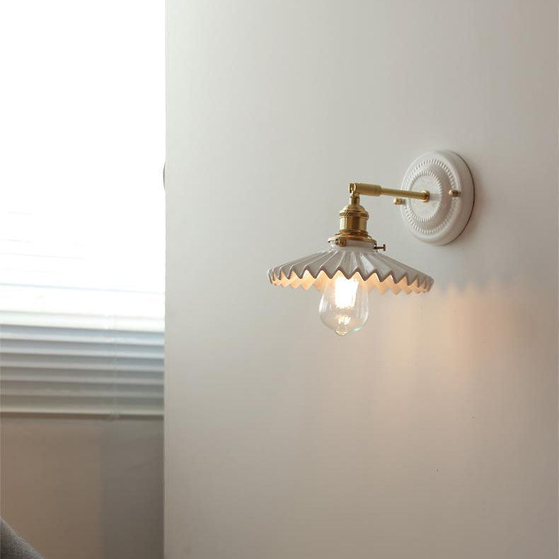 Handcrafted Porcelain Shade Brass Wall Light Fixture Single Bulb Hardwired Sconce for Bedroom Hallway Entryway Vintage Home Decor