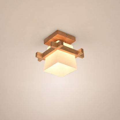 Square Flush Mount Ceiling Light Fixture with Wood Accent, White Shade, E27 Socket for Bedroom, Hallway, Living Room, Minimalist Home Lighti