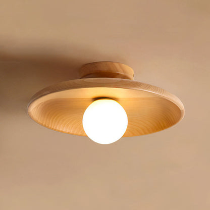 Wooden Globe LED Flush Mount Light 6 in Height Warm Glow for Bedroom Hallway Low Ceiling Compact Modern Nordic Style Natural Timber Finish A
