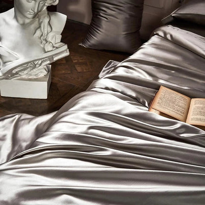 Parure de lit en soie 4 pièces, ensemble de housse de couette en soie de mûrier avec taies d'oreiller, draps en soie hypoallergéniques pour les cheveux