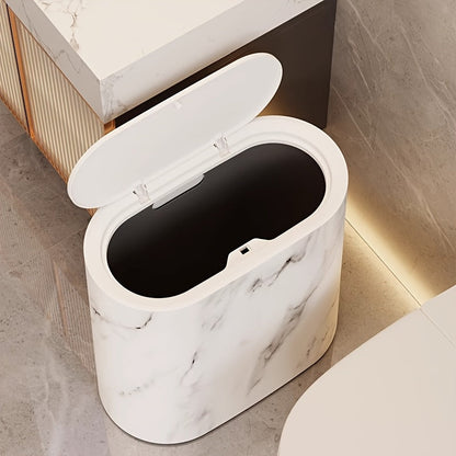 Waste Basket with Hinged Lid for Small Spaces – Oval Desktop Garbage Can for Bathroom, Bedroom, Office & Vanity