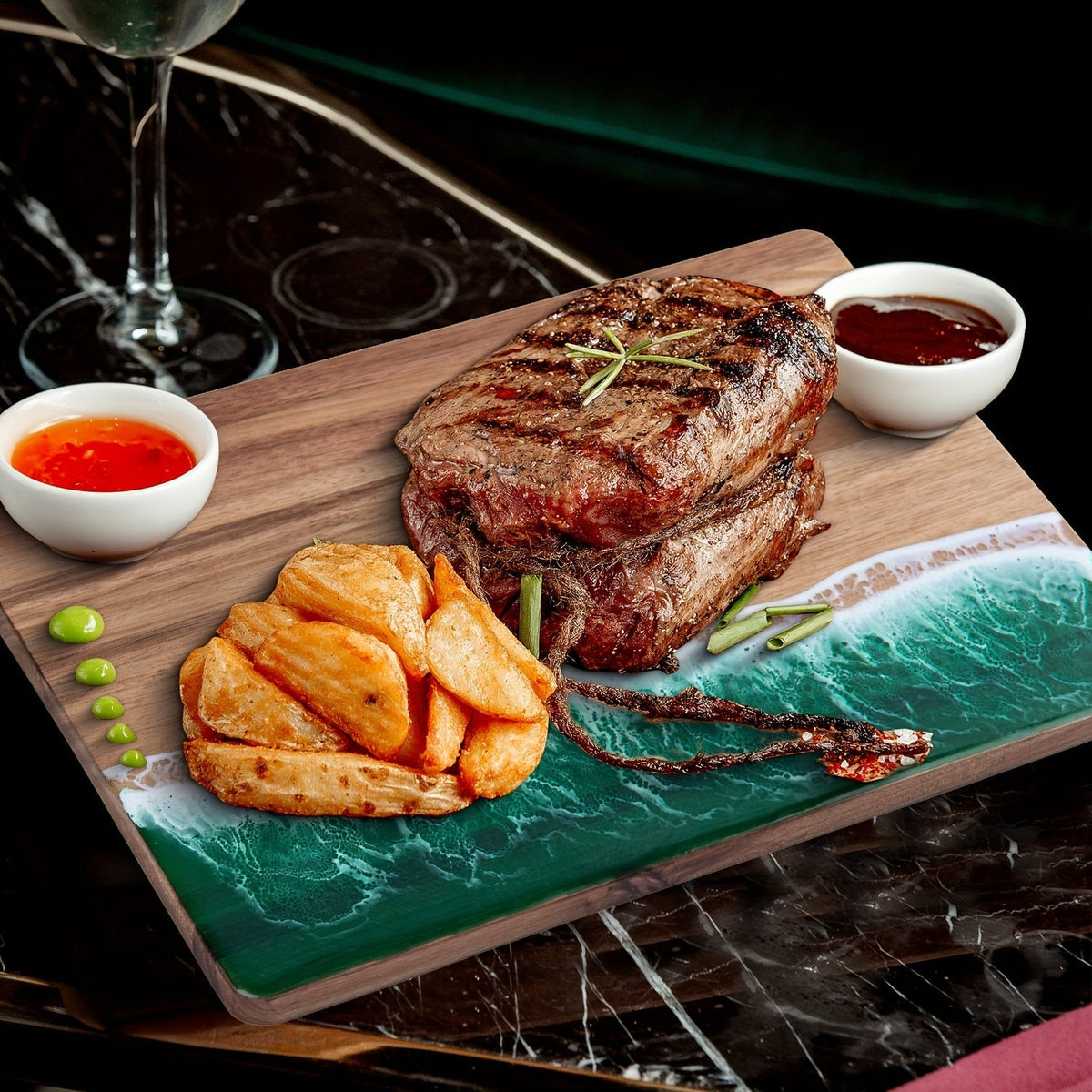 Acacia Wood Serving Board with Resin Wave Inlay 18x9 Inch Coastal Charcuterie Tray for Cheese Fruit Bread Kitchen Decor