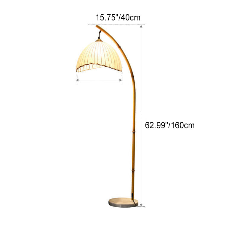 Arched Standing Lamp with Pleated Shade 63 in Natural Finish White Fabric Dimmable Ambient Lighting for Bedroom Living Room Modern Retro Des