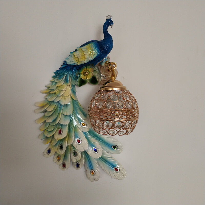 Crystal Globe Peacock Wall Light Fixture Decorative Resin Single Bulb Sconce for Bedroom Living Room Hallway Entryway Home Decor