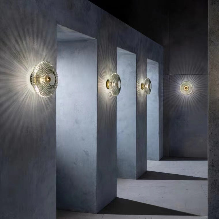 Ribbed Glass Disc Wall Light with Metal Mount | Scandi Minimalist Accent Lamp for Bedroom, Entryway & Hallway | Hardwired E26 Socket