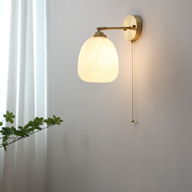 Pull Chain Wall Sconce with Striped Glass Shade – Single-Bulb Hardwired Fixture for Bedroom, Living Room, Hallway