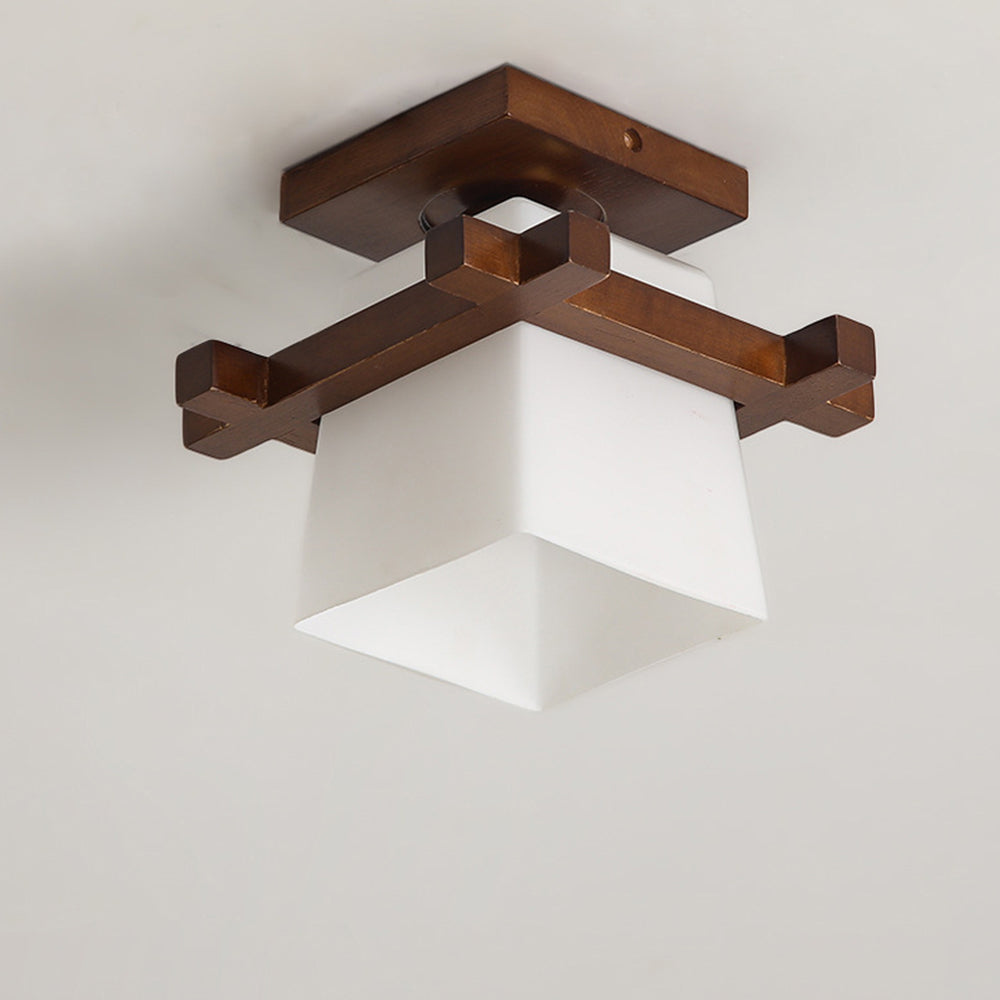 Square Flush Mount Ceiling Light Fixture with Wood Accent, White Shade, E27 Socket for Bedroom, Hallway, Living Room, Minimalist Home Lighti