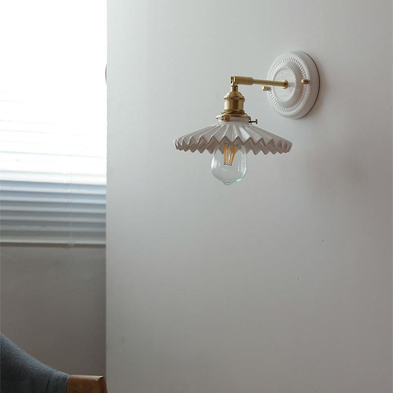 Handcrafted Porcelain Shade Brass Wall Light Fixture Single Bulb Hardwired Sconce for Bedroom Hallway Entryway Vintage Home Decor