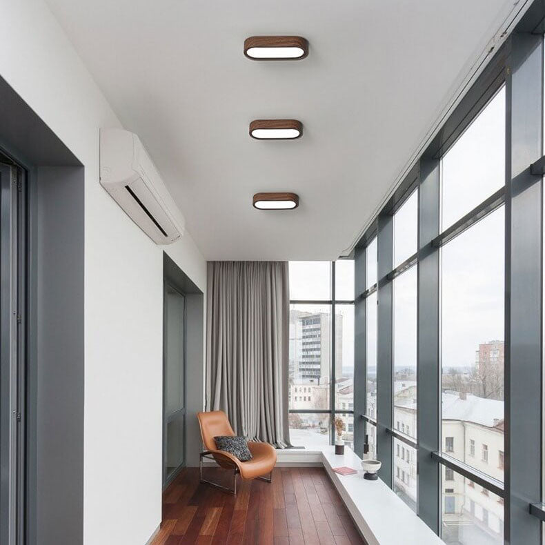 LED Wood Grain Ceiling Light Flush Mount – Modern Round Low Profile Fixture for Bedroom Living Room – Hardwired 8W Acrylic Shade Walnut &