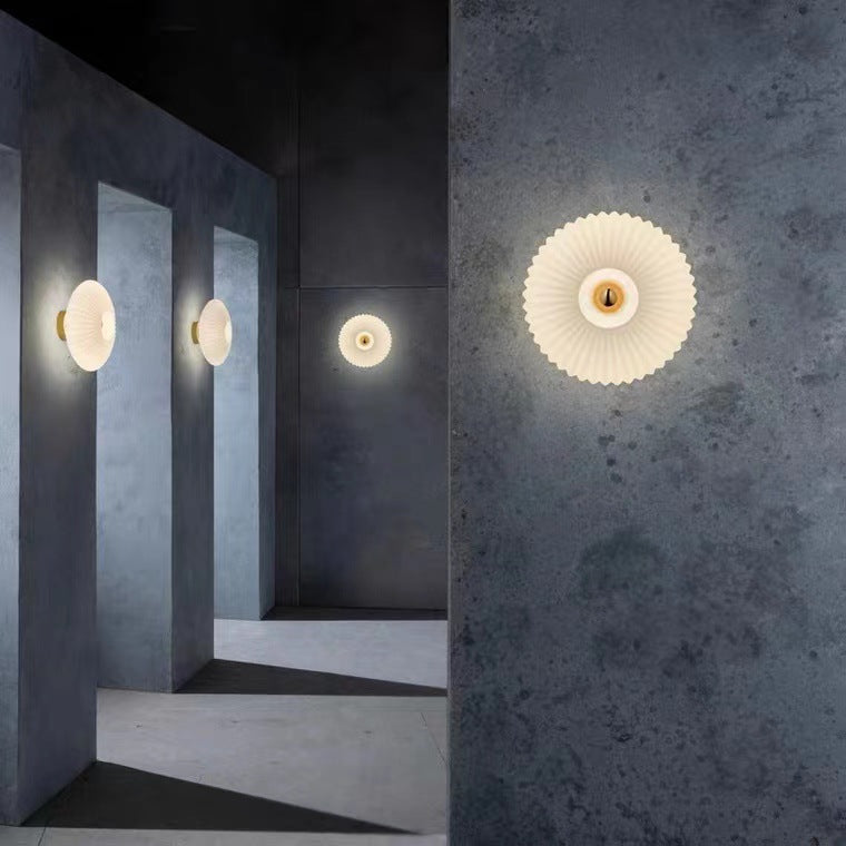 Ribbed Glass Disc Wall Light with Metal Mount | Scandi Minimalist Accent Lamp for Bedroom, Entryway & Hallway | Hardwired E26 Socket
