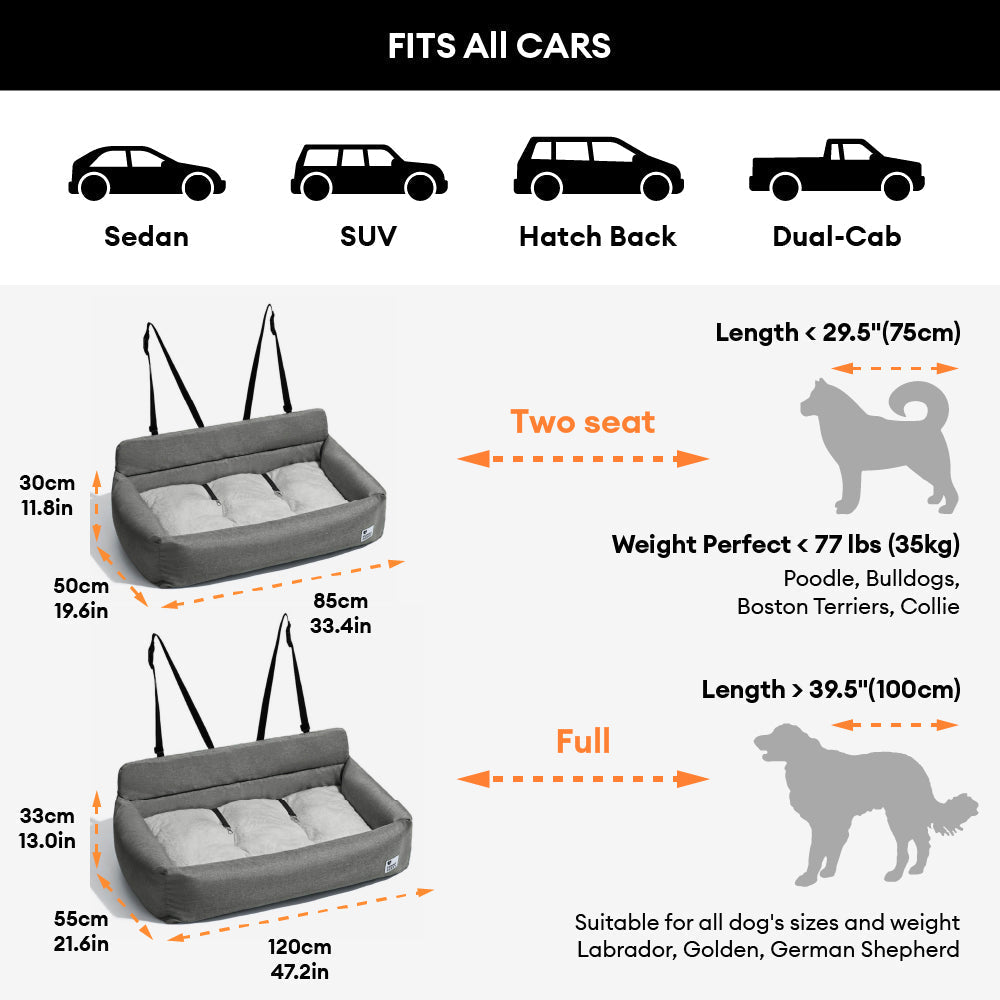 Padded Dog Car Seat Cover with Safety Tethers for Sedans & SUVs – Washable Canvas Bolster Protector for Medium to Large Dogs
