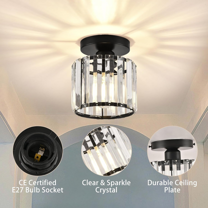 Flush Mount Crystal Light Fixture E27 Socket Black Gold for Bedroom Living Room Hallway Indoor Home Décor Compact Reflective Shade Elegant A