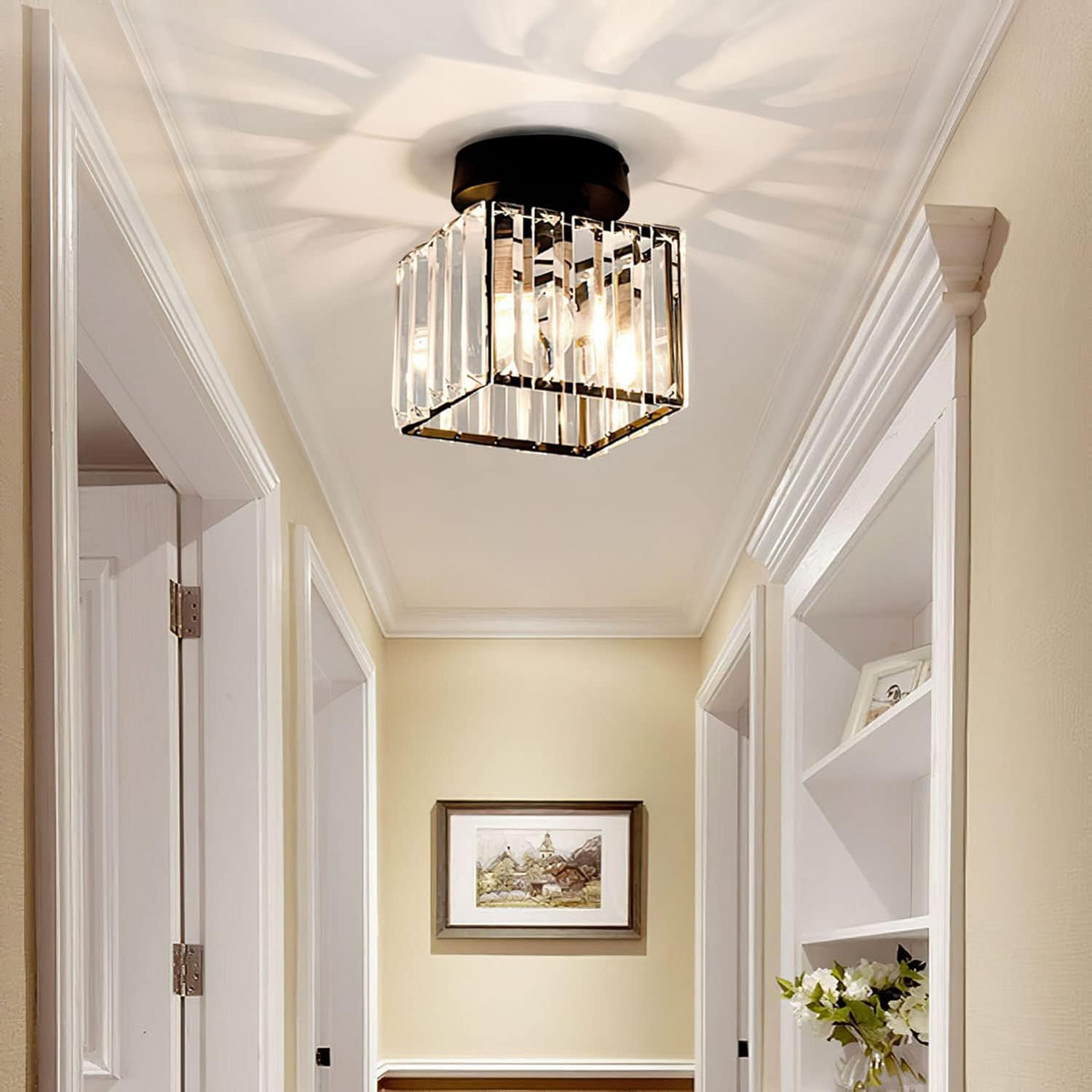 Flush Mount Crystal Light Fixture E27 Socket Black Gold for Bedroom Living Room Hallway Indoor Home Décor Compact Reflective Shade Elegant A