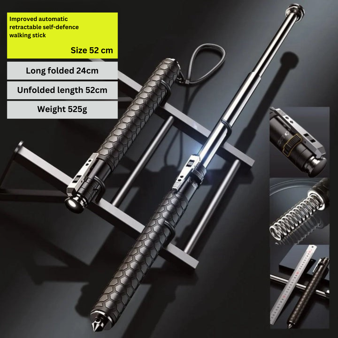 Collapsible Steel Self-Defense Cane with Push-Button Quick Release and Textured Non-Slip Handle for Hiking, Travel, Urban Safety