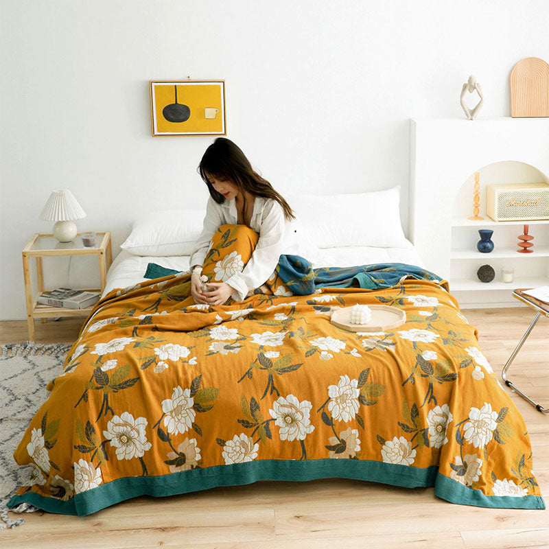 Couette réversible douillette en coton avec motif floral bohème jaune | Douce et durable pour un confort tout au long de l'année