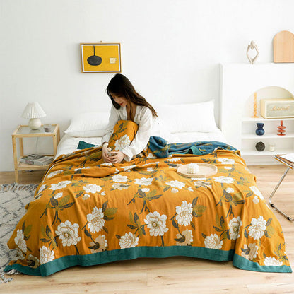 Couette réversible douillette en coton avec motif floral bohème jaune | Douce et durable pour un confort tout au long de l'année