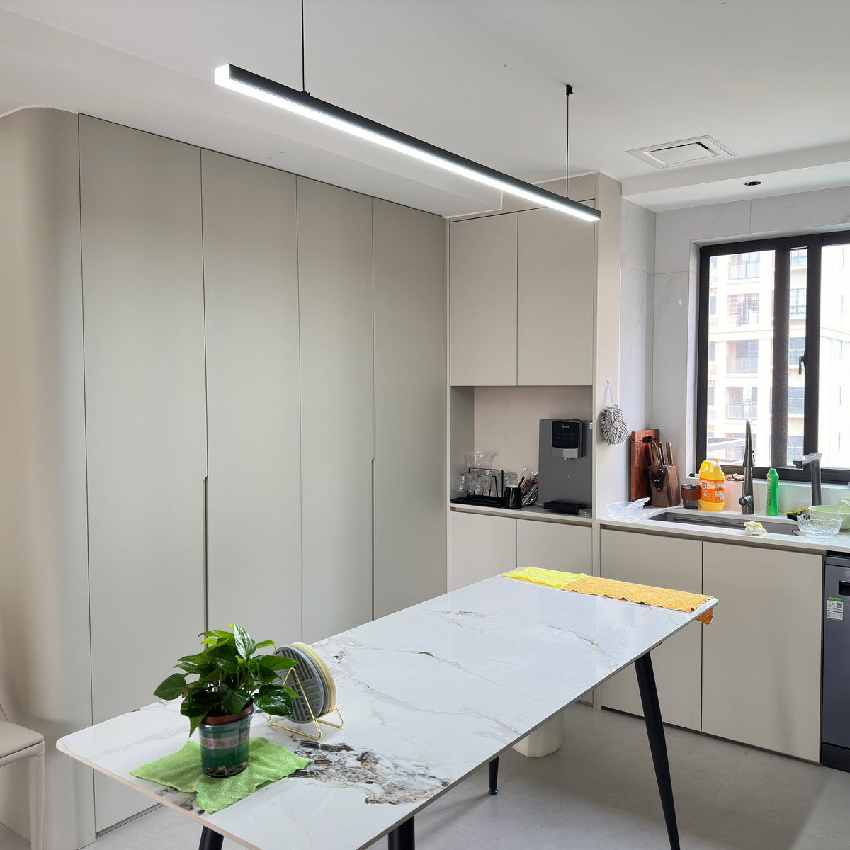 Suspended LED Strip Fixture for Countertop Islands – Dimmable Metal Bar Light with Remote in Matte or Gloss White – 39 to 102 in Adjustable